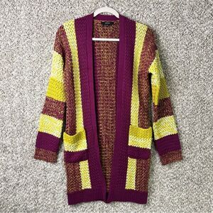 Vertigo Sweater Women’s Small Purple & Yellow Chunky Knit Long Open Cardigan